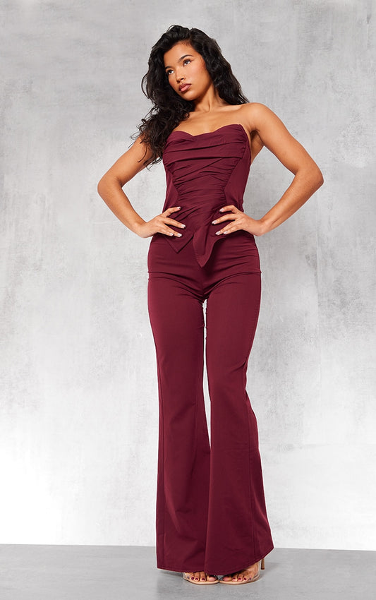 Burgundy Ruch Pointed Corset Bandeau Jumpsuit