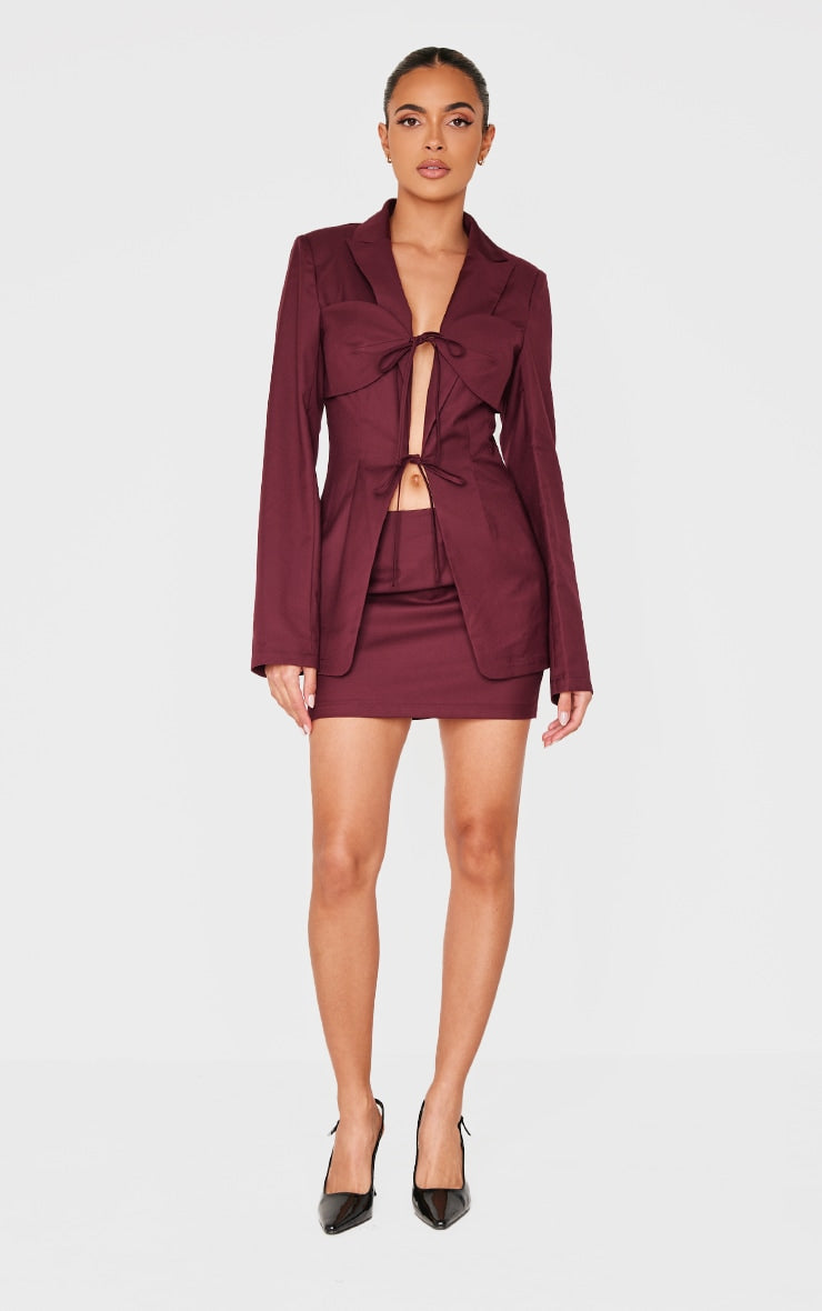 Burgundy Tailored Woven Tie Front Longline Blazer