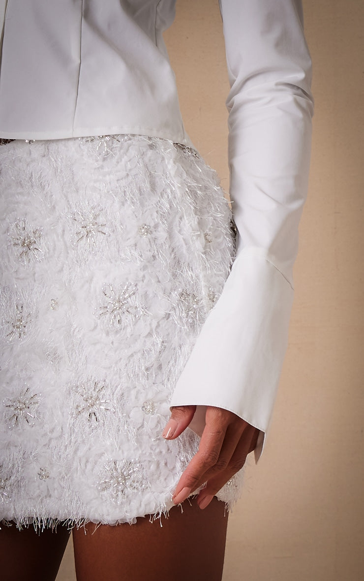 Premium White Embroided Detail Eyelash Mini Skirt