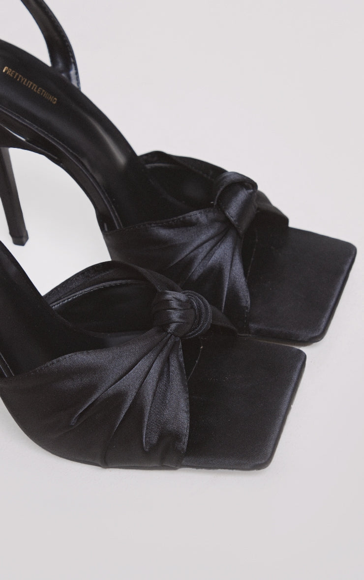 Black Satin Square Toe Knotted Strap High Stiletto Heeled Sandals