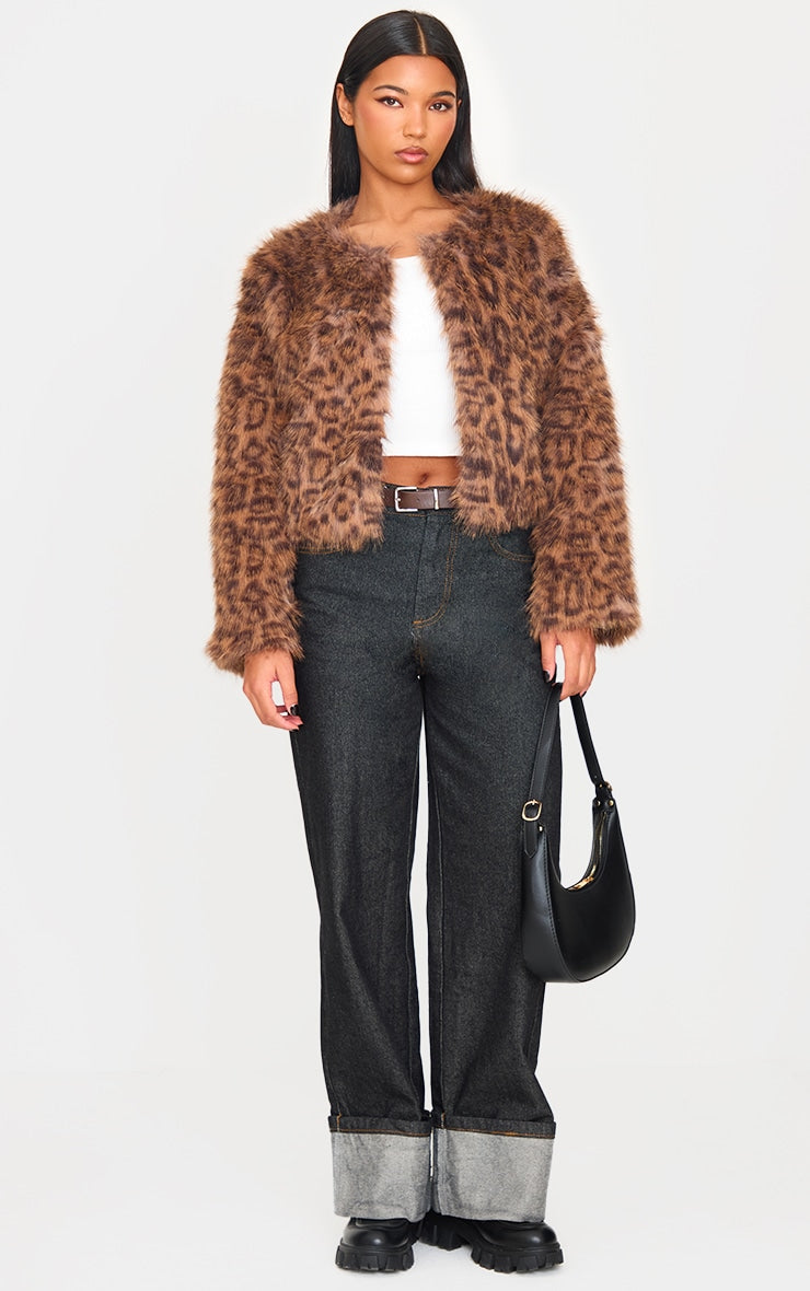 Brown Collarless Leopard Print Faux Fur Coat