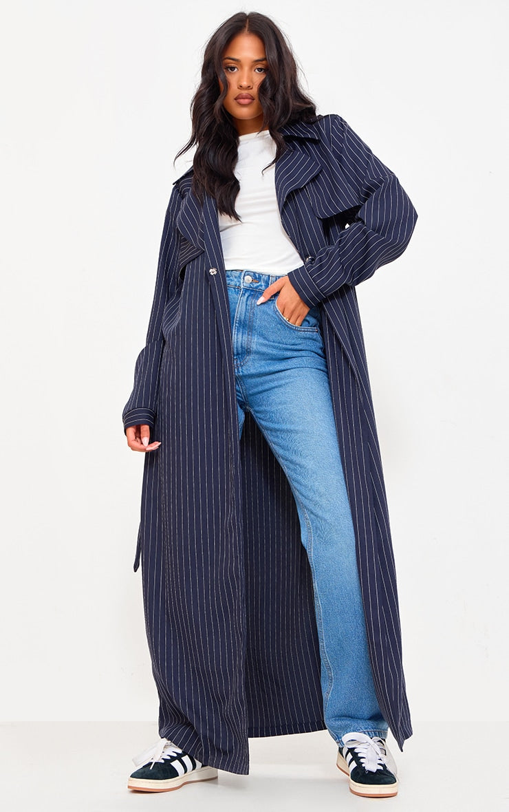 Tall Navy Pinstripe Tie Belt Maxi Trench Coat