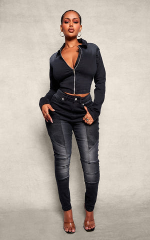 Shape Black Denim Cropped Zip Through Jacket