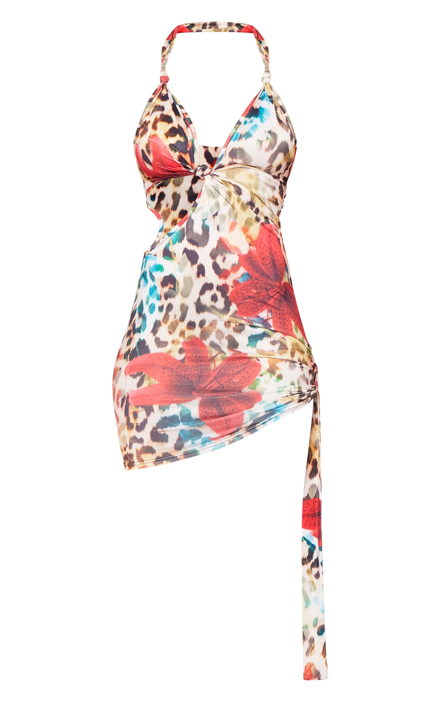 Multi Leopard Floral Print Slinky Knotted Bodycon Dress