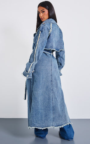 Petite Mid Blue Wash Denim Frayed Edge Maxi Trench Coat