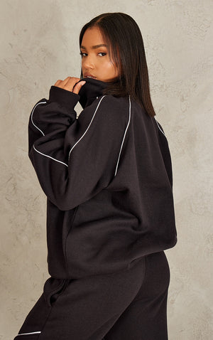 Ash Grey Oversized Contrast Piping Quarter Zip Sweatshirt