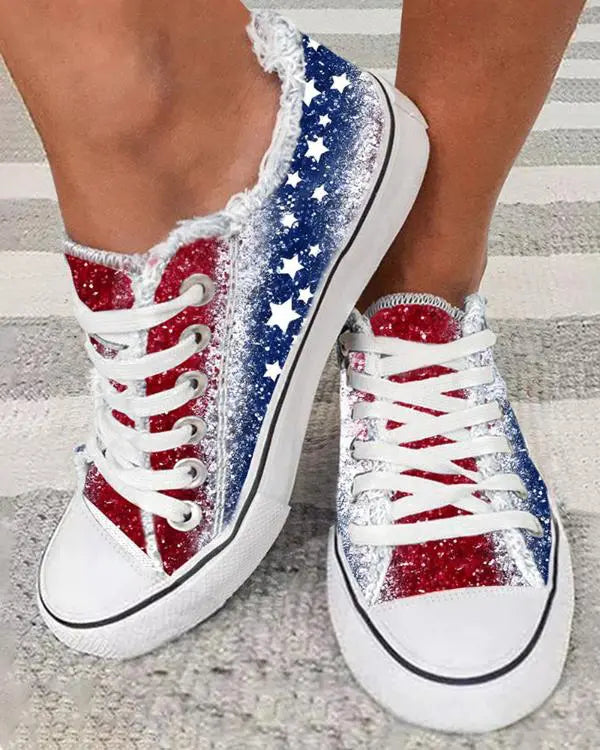 Independence Day Flag Print Raw Hem Canvas Sneakers