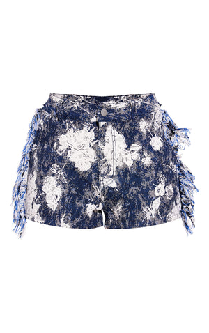 Blue Printed Jacquard Twill Tassel Side Shorts