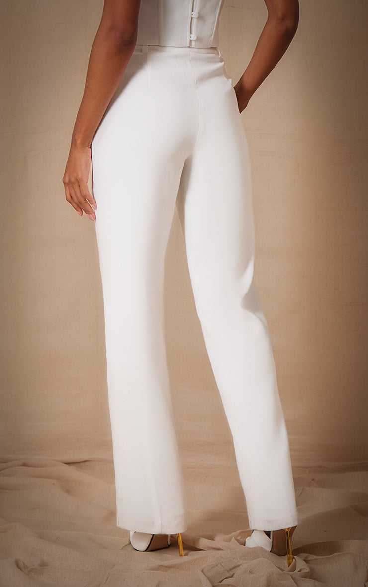 Premium White Woven Pintuck Straight Leg Trousers