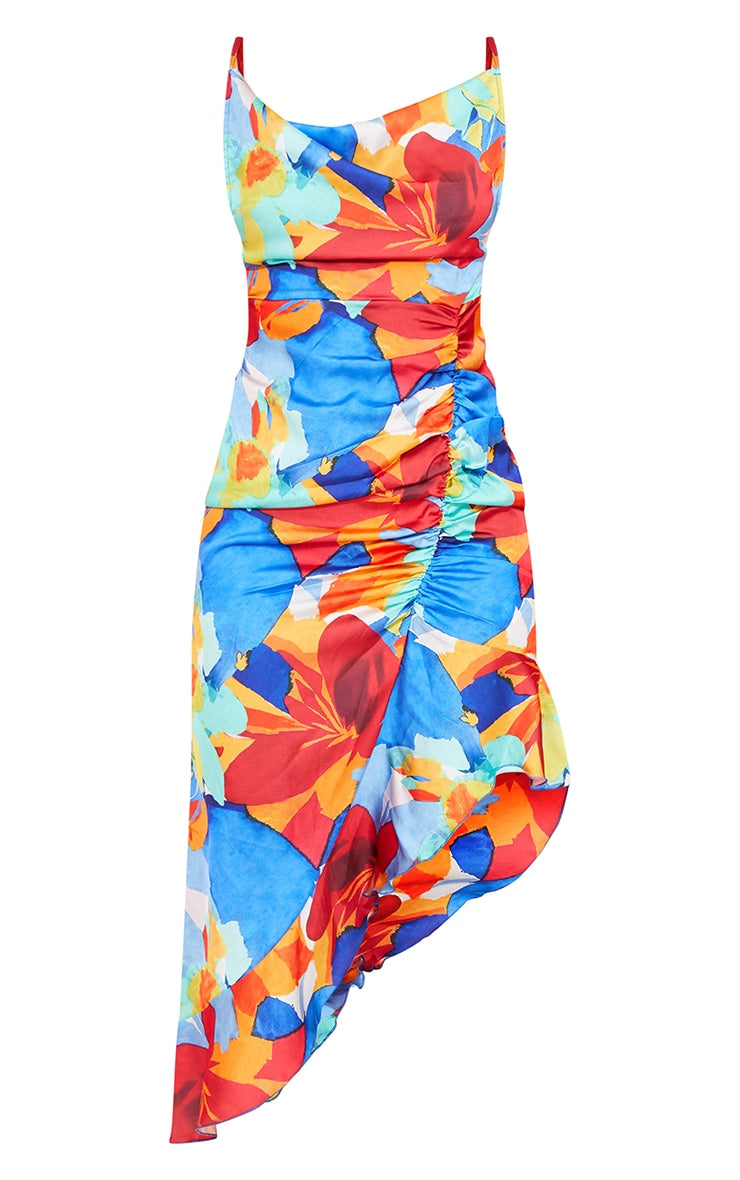 Multi Abstract Print Satin Frill Hem Ruched Maxi Dress