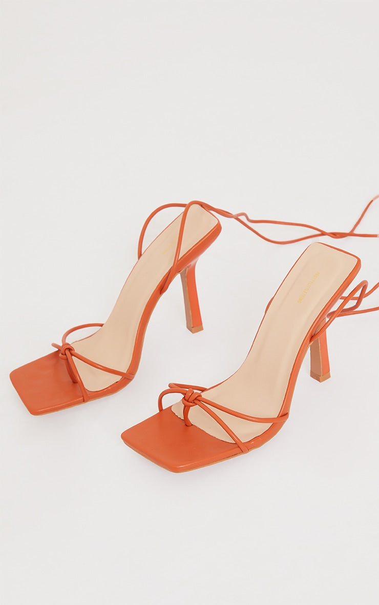 Orange PU Square Knot Detail Toe Thong Lace Up High Heeled Sandals