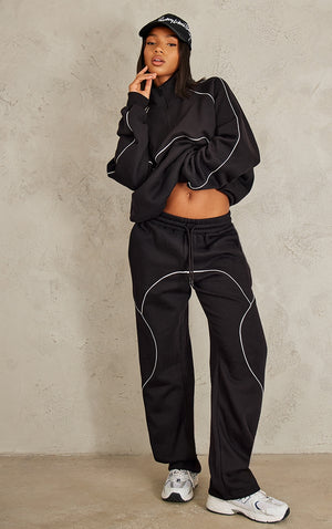 Ash Grey Oversized Contrast Piping Straight Leg Joggers