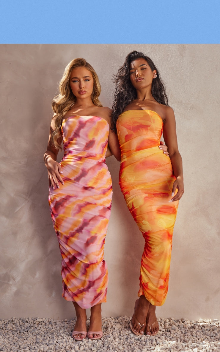 Pink Abstract Print Mesh Bandeau Ruched Maxi Dress