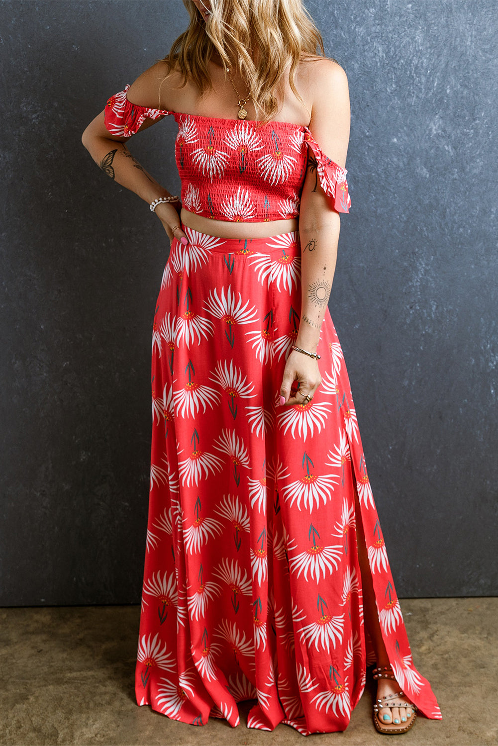 Red Floral Maxi Skirt Set