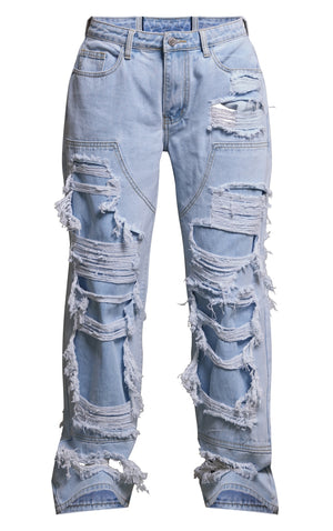 Light Blue Wash Extreme Distress Wide Leg Jeans