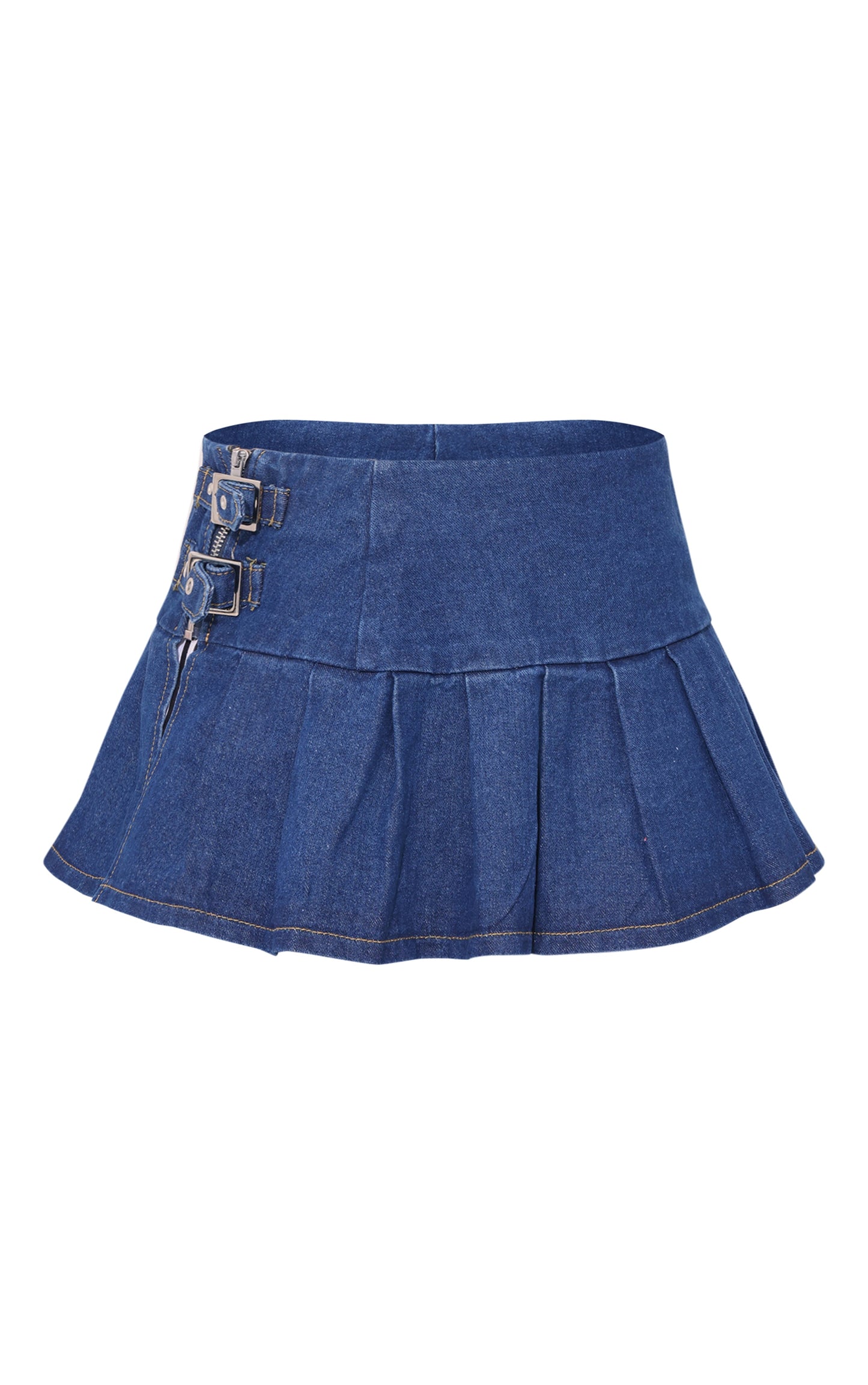 Indigo Vintage Wash Denim Buckle Detail Ultra Mini Skirt