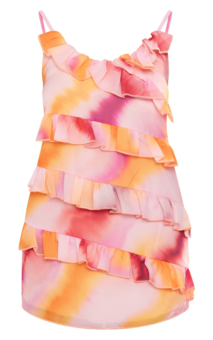 Pink Watercolour Print Asymmetric Frill Strappy Shift Dress