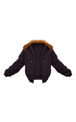 Black Faux Fur Detachable Hood Parka Coat