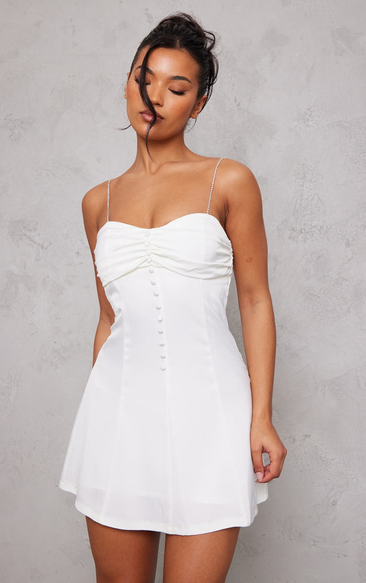 White Satin Diamante Strap Button Detail Bodycon Dress