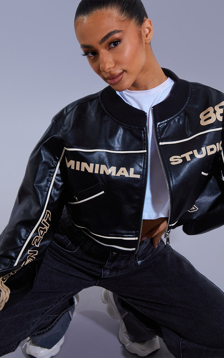 Petite Black Super Cropped Pu Racer Jacket