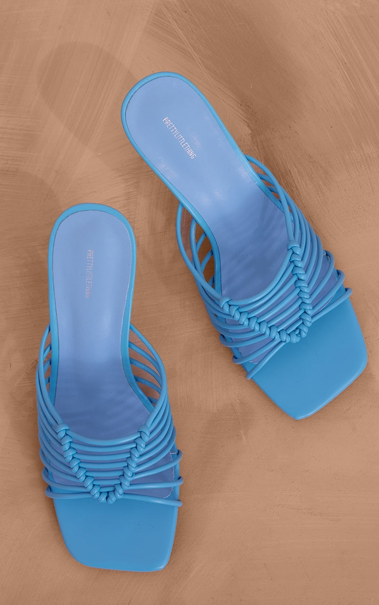 Blue PU Square Toe Knotted Heeled Mules