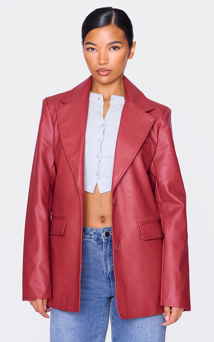 Cherry Red Textured Faux Leather Blazer