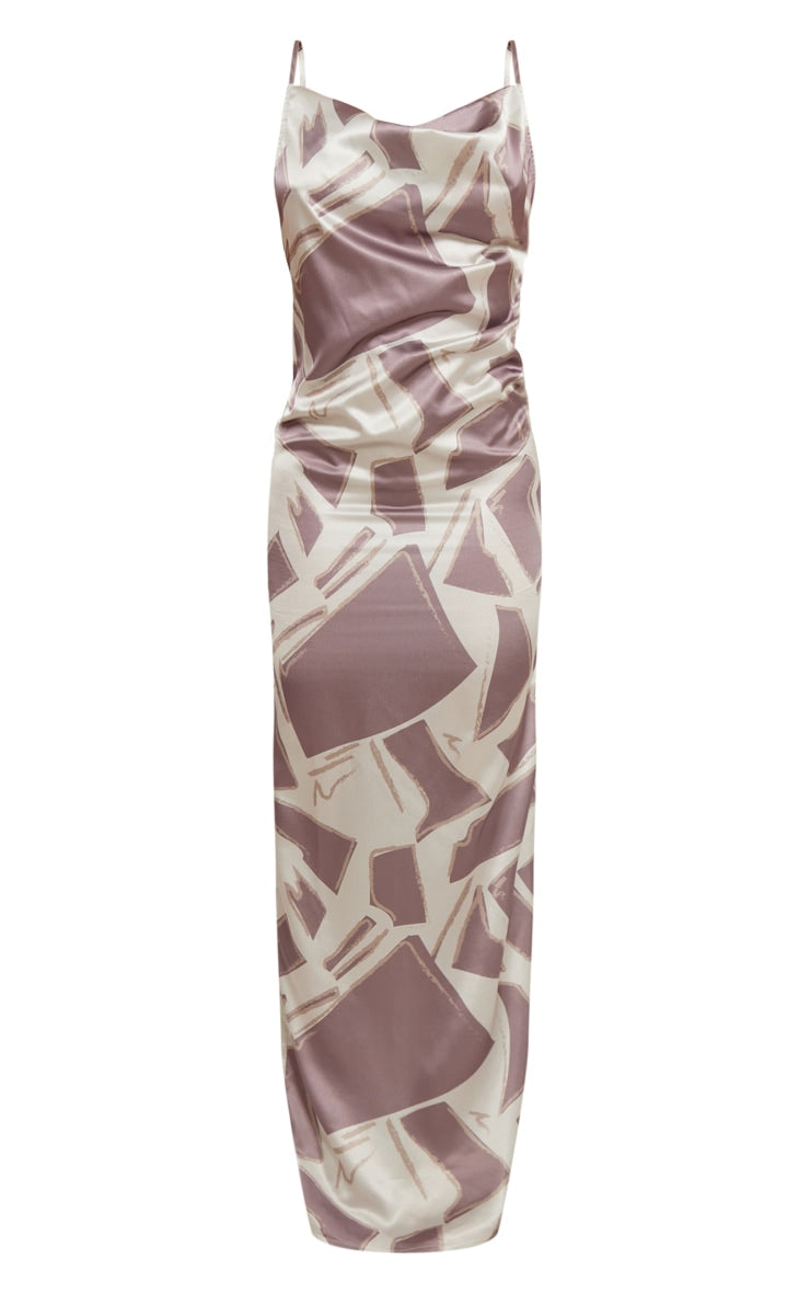 Green Baroque Print Satin Cowl Neck Maxi Dress