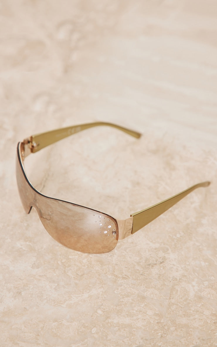 Brown Diamante Detail Curved Visor Sunglasses