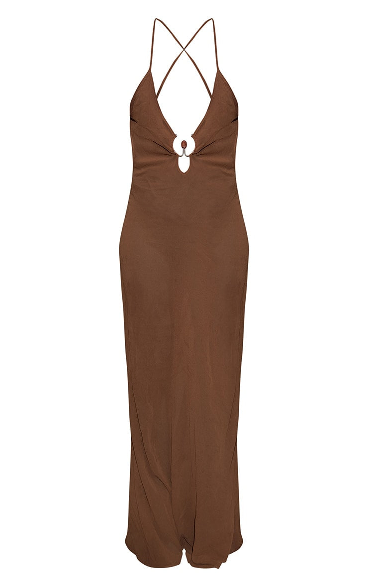 Plus Brown Cross Back Cut Out Maxi Beach Dress - HCWP 