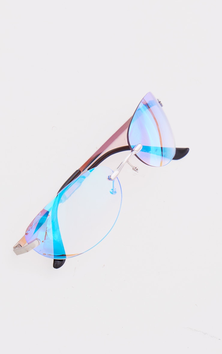 Blue Iridescent Frameless Bug Eye Round Sunglasses