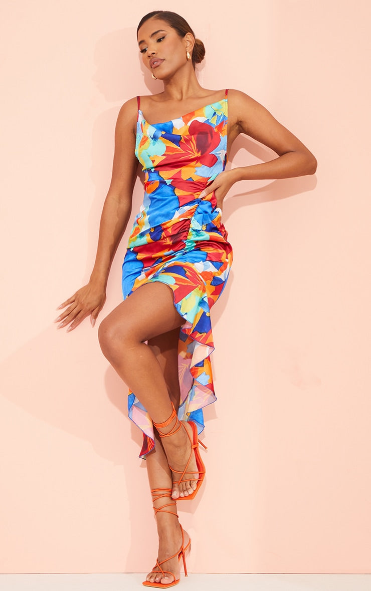 Multi Abstract Print Satin Frill Hem Ruched Maxi Dress