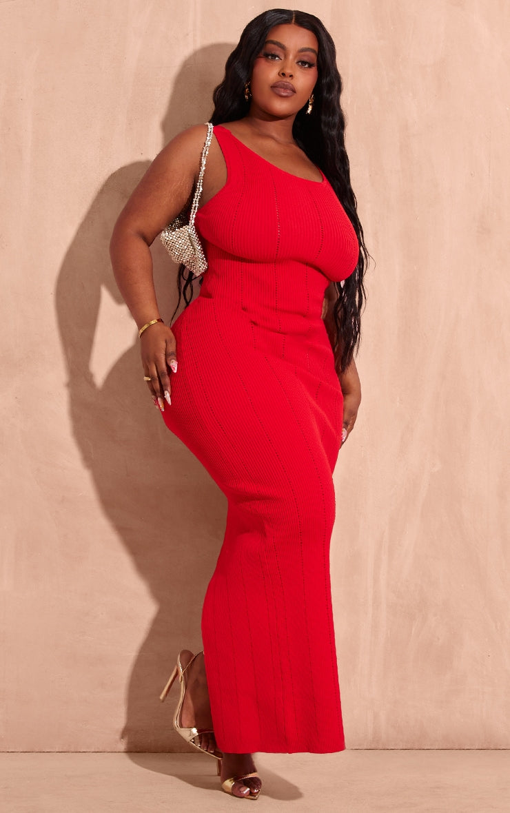 Plus Red Textured Rib Knit Low Back Maxi Dress