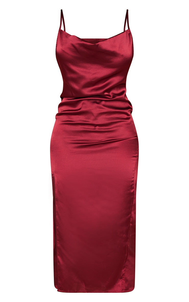 Petite Burgundy Strappy Satin Cowl Midi Dress