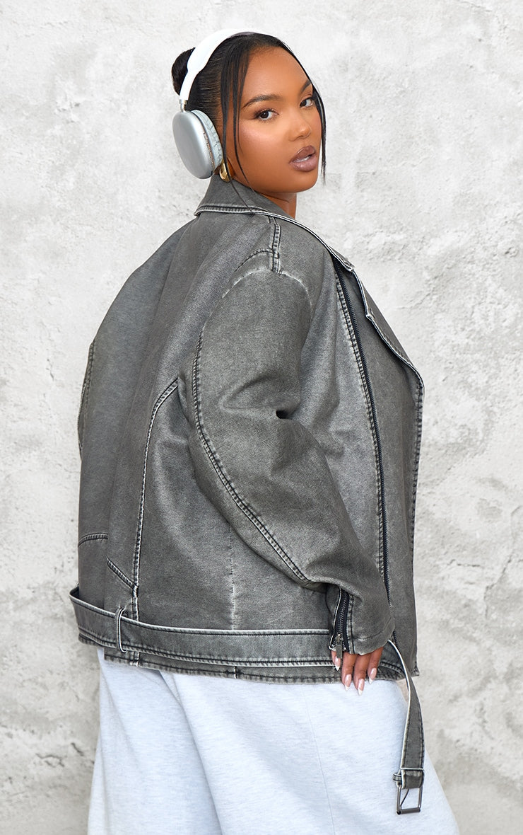 Plus Charcoal Distressed Look Faux Leather Longline Biker Jacket