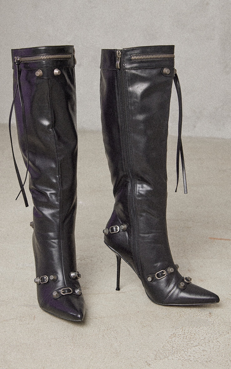 Black PU Zip Detail Point Toe Mid Heeled Knee Boots