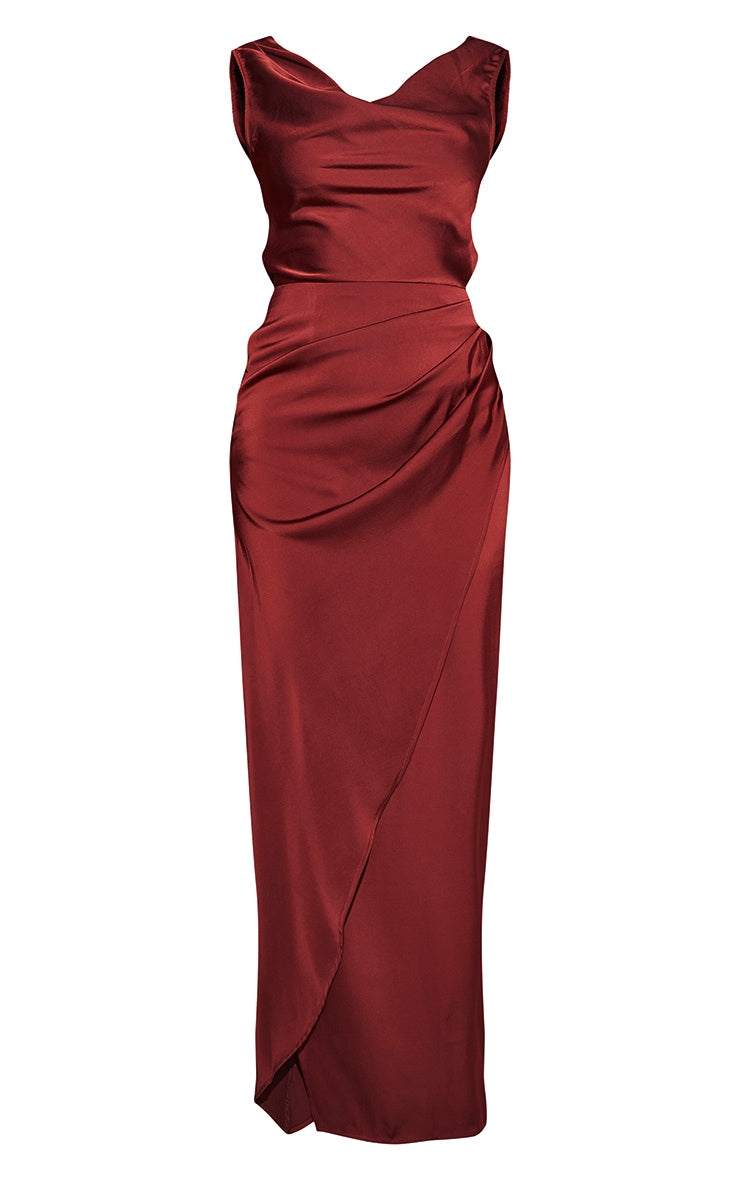 Burgundy Satin Cowl Neck Draped Maxi Dress