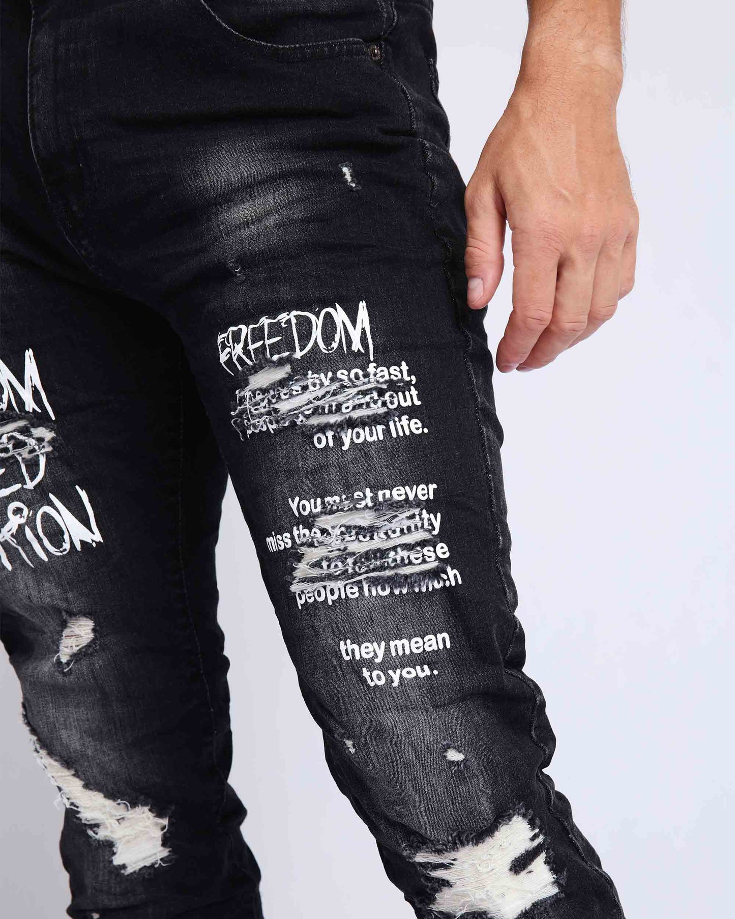 Gothic Graffiti Slim Fit Ripped Black Jeans - HCWP 