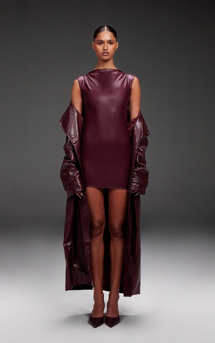 Burgundy High Shine Textured Faux Leather Maxi Coat