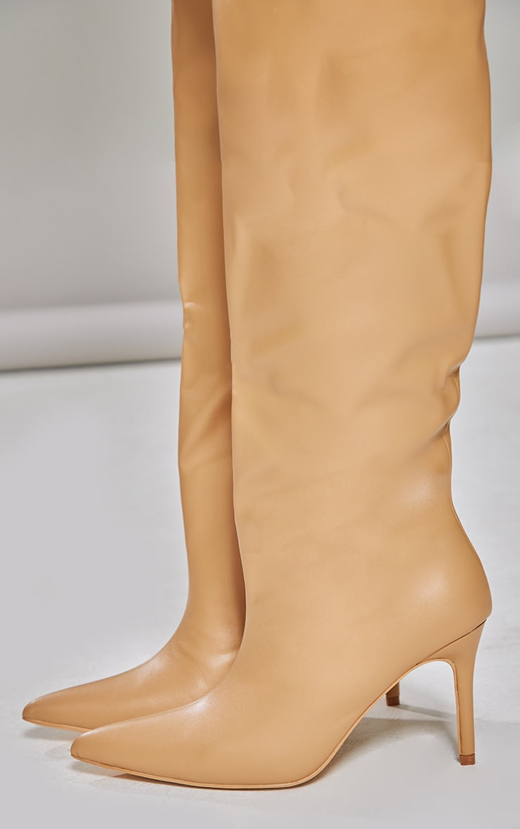 Cream PU Croc Detail Point Toe Stiletto Heeled Knee Boots