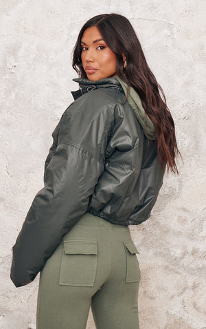 Khaki Pocket Detail Lightweight Puffer Jacket