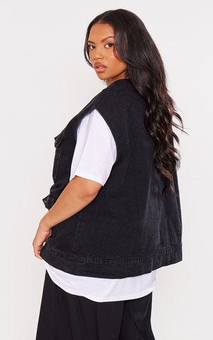 Plus Washed Black Zip Up Denim Cargo Gilet