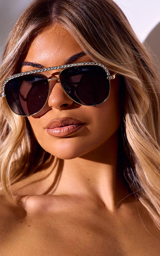 Gold Diamante Frame Aviator Sunglasses