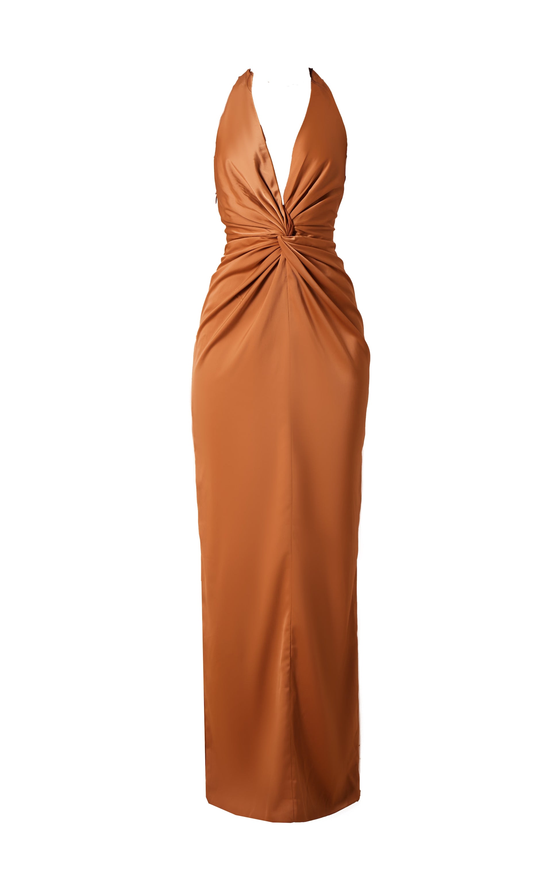 Champagne Bridesmaid Satin Twist Plunge Halterneck Maxi Dress