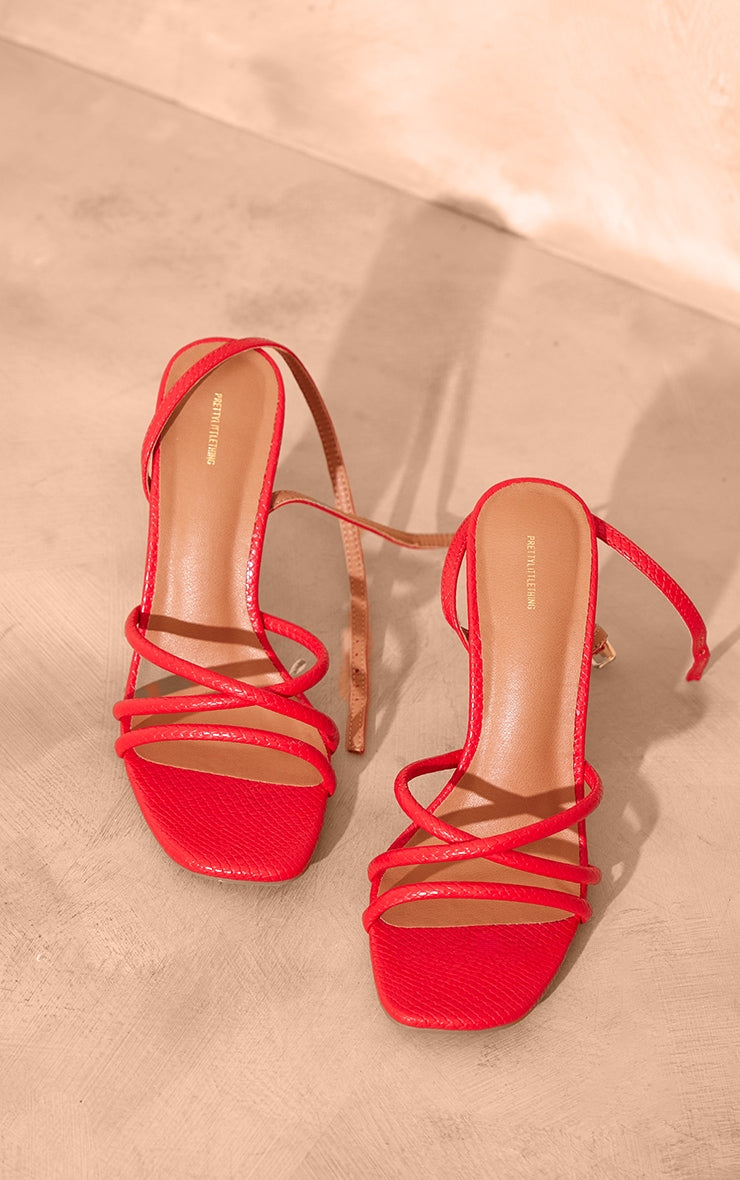 Red Croc Pu Square Toe Cross Over Strap Mid Heeled Sandal