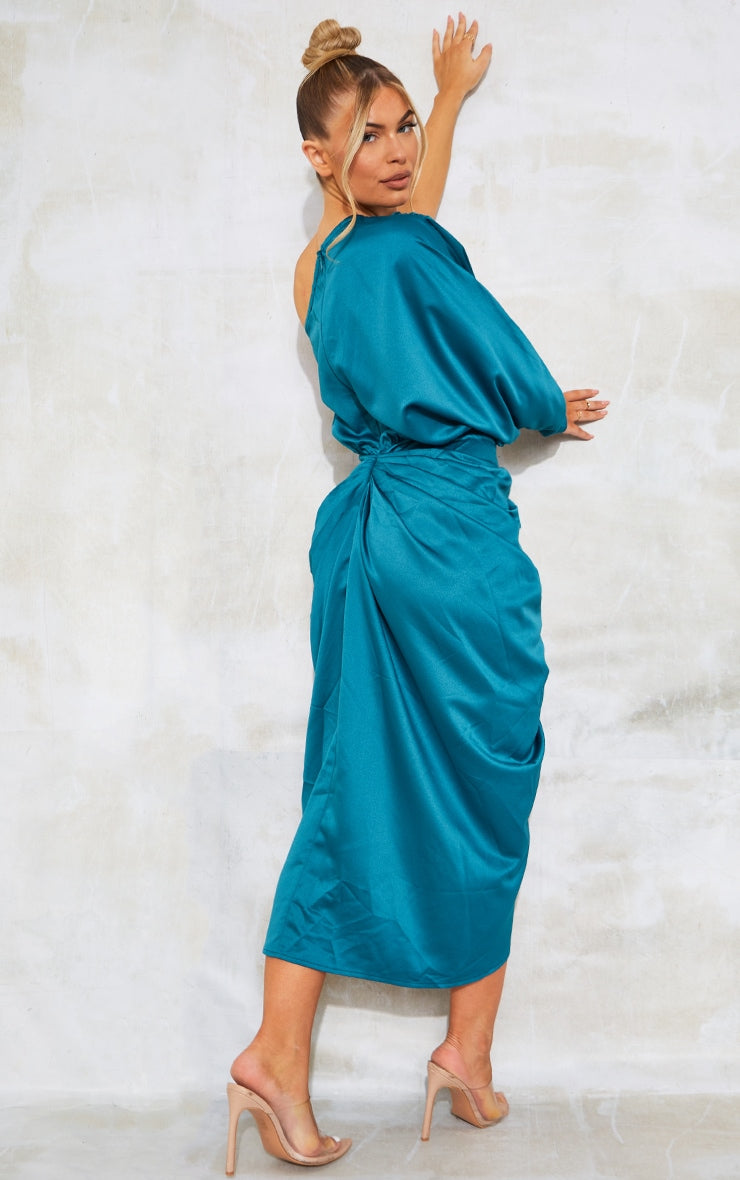 Emerald Green Satin One Shoulder Draped Midi Dress