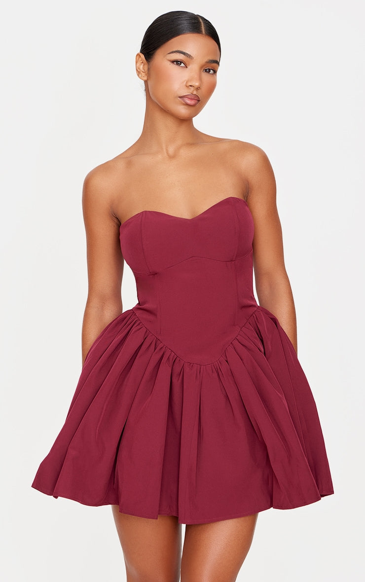 Burgundy Bandeau Corset Detail Shift Dress