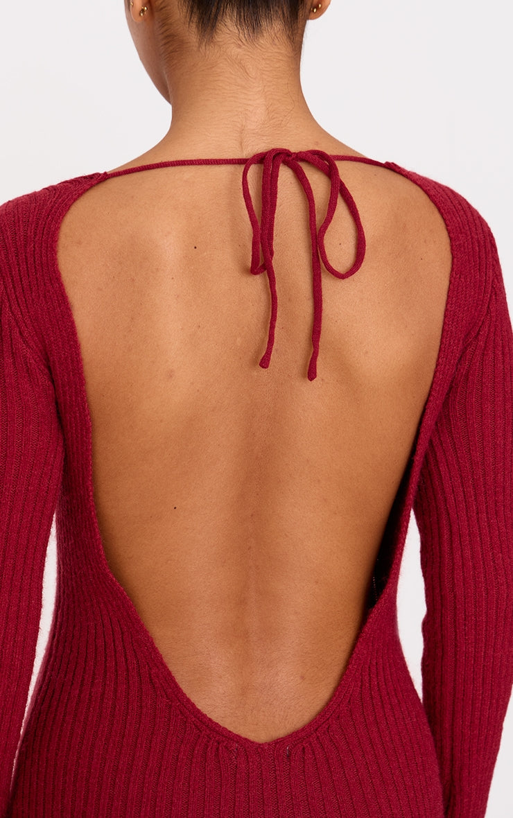 Burgundy Rib Knit Low Back Long Sleeve Maxi Dress