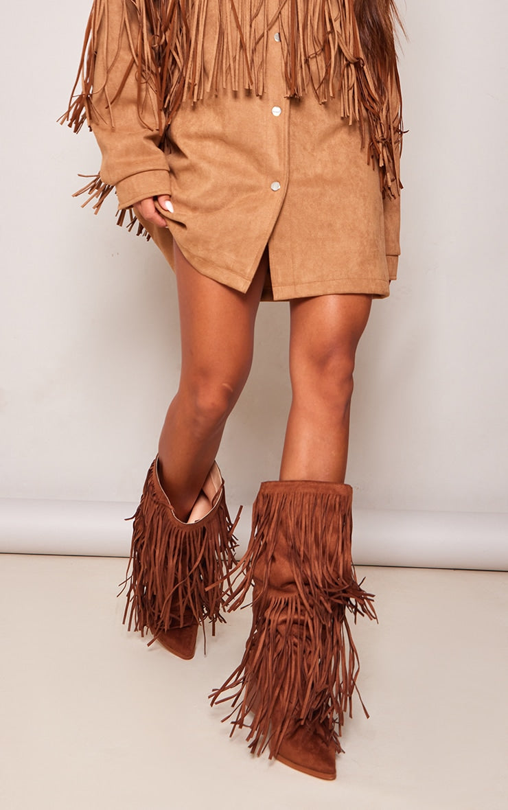 Tan Faux Suede Fringe Western Block Heel Knee Boots