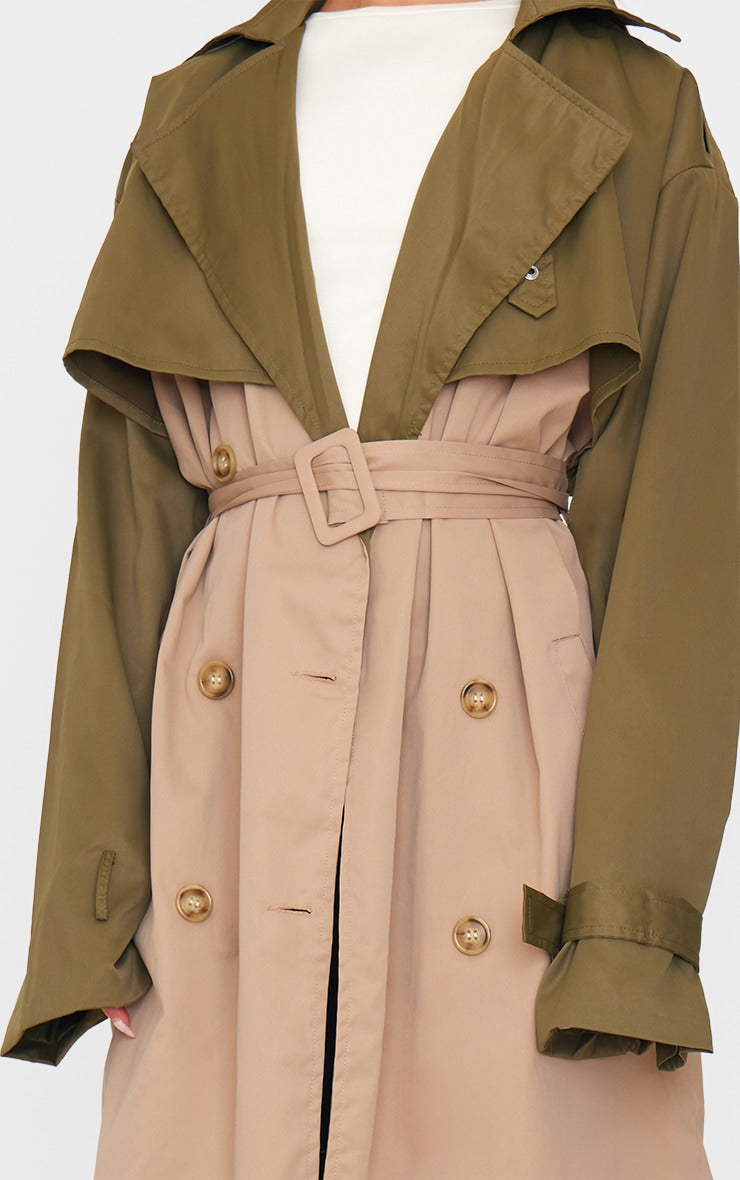 Khaki Contrast Oversized Belted Midi Trench Coat