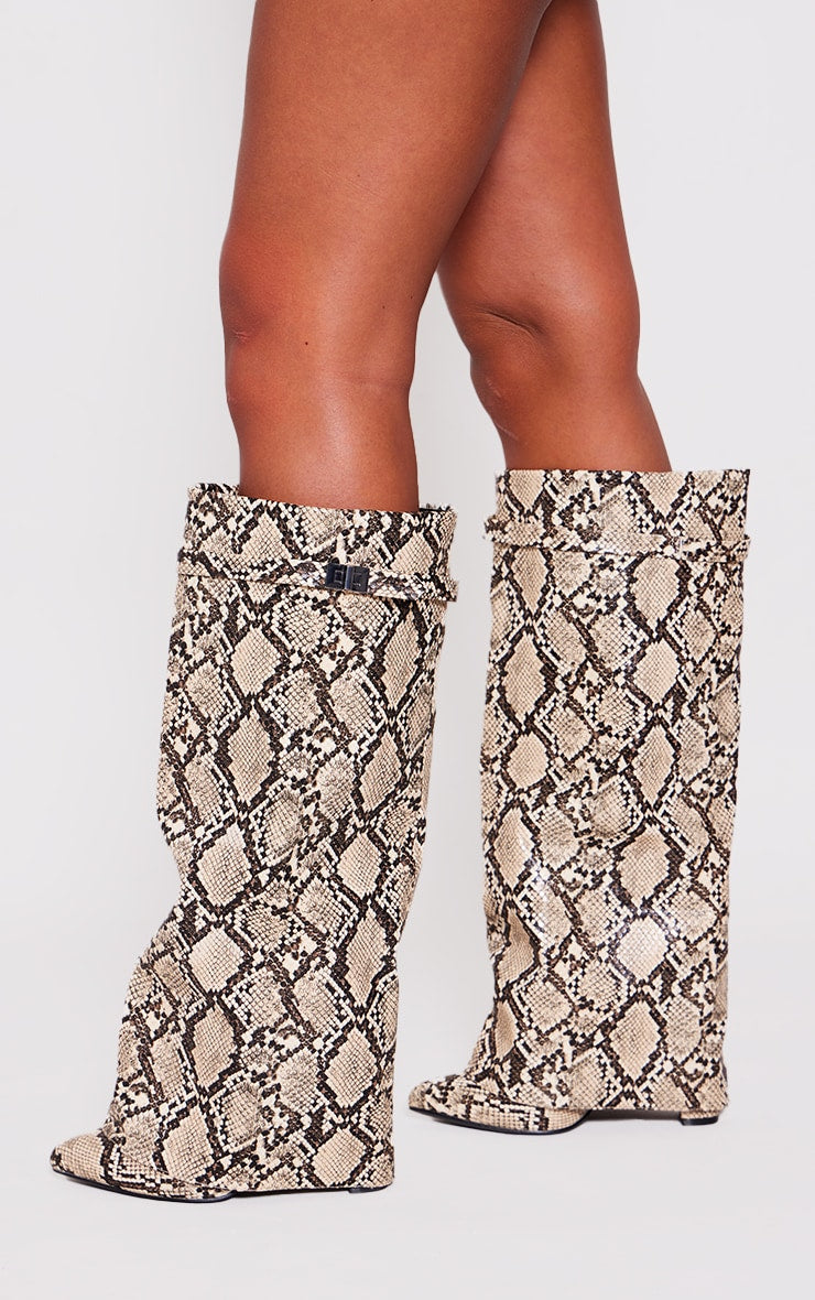 Snake Print PU Fold Over Knee Block Heeled Boots